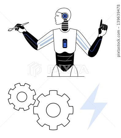 Artificial intelligence, robotics, automation, innovation, technology, advanced engineering. Robot with exposed machinery holding a tool, gears and a lightning bolt. Robotics and artificial Artificial intelligence, robotics, automation, innovation, technology, advanced engineering. Robot with exposed machinery holding a tool, gears and a lightning bolt. Robotics and artificial 139639478