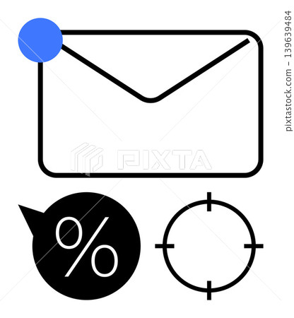 Digital marketing, email campaigns, notifications, business strategy, discount offers, precision targeting. Envelope with notification dot, focus symbol target and percentage sign. Email campaigns Digital marketing, email campaigns, notifications, business strategy, discount offers, precision targeting. Envelope with notification dot, focus symbol target and percentage sign. Email campaigns 139639484