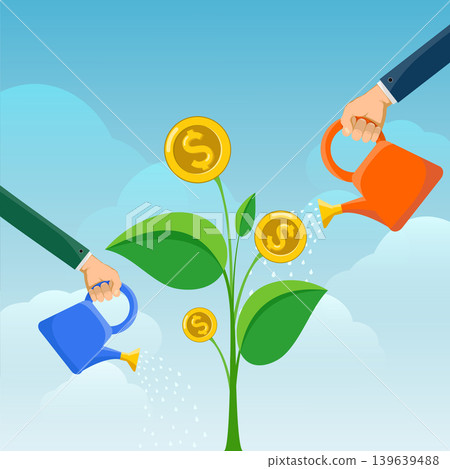 Businessmen watering a tree with coins from watering cans Businessmen watering a tree with coins from watering cans 139639488
