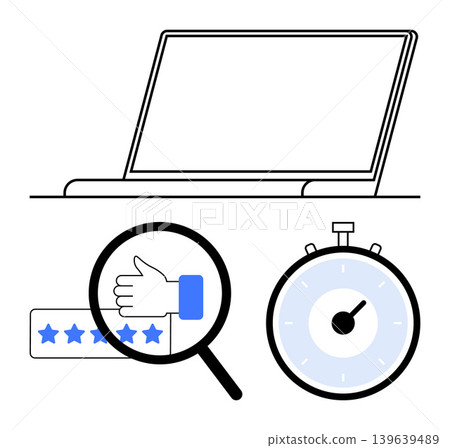 Productivity, performance evaluation, customer feedback, online reviews, rating systems, time management. Minimalist laptop, thumbs-up with stars and stopwatch. Productivity and performance Productivity, performance evaluation, customer feedback, online reviews, rating systems, time management. Minimalist laptop, thumbs-up with stars and stopwatch. Productivity and performance 139639489