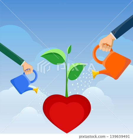 People watering a sprout growing from a heart People watering a sprout growing from a heart 139639491