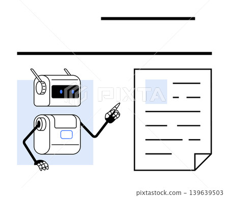 Technology integration, artificial intelligence, digital interaction, automation tools, business efficiency, data processing. A robot pointing to a digital document. Technology integration Technology integration, artificial intelligence, digital interaction, automation tools, business efficiency, data processing. A robot pointing to a digital document. Technology integration 139639503