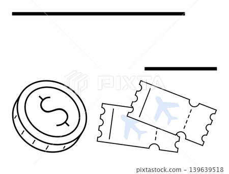 Travel expenses, budgeting, tourism, financial planning, air travel, vacation preparation. A coin alongside two airplane tickets. Travel expenses and budgeting concept Travel expenses, budgeting, tourism, financial planning, air travel, vacation preparation. A coin alongside two airplane tickets. Travel expenses and budgeting concept 139639518