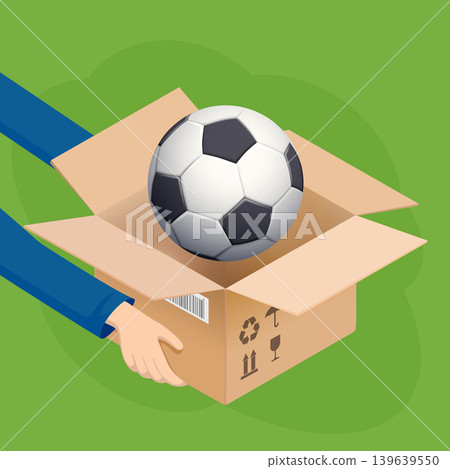 Courier holding a cardboard box with a soccer ball Courier holding a cardboard box with a soccer ball 139639550