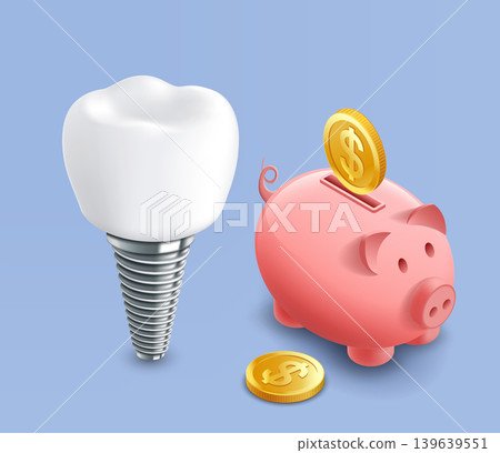 Dental implant next to a piggy bank with coins 139639551