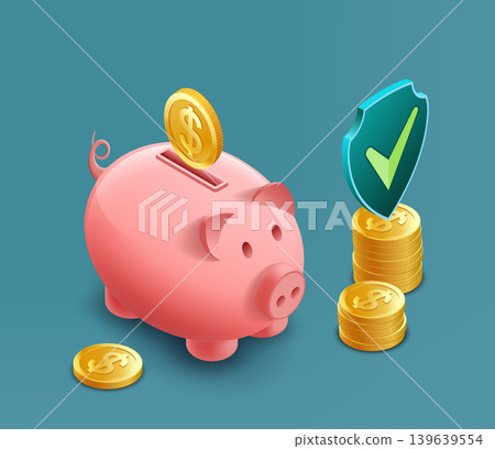 Isometric piggy bank with dollar coins. Isometric piggy bank with dollar coins. 139639554