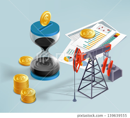 Isometric oil pumpjack station, hourglass with crude oil Isometric oil pumpjack station, hourglass with crude oil 139639555