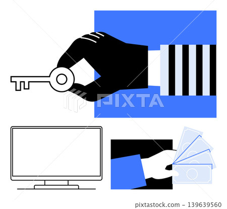 Online security, identity theft, fraud prevention, digital transactions, cybercrime, data privacy. A hand holding a key, money exchange and a computer screen. Cybersecurity and online security 139639560