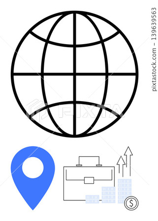 Global trade, business analytics, financial growth, location services, economic expansion, strategic planning. Globe, location marker growth chart financial symbols. Global trade and business Global trade, business analytics, financial growth, location services, economic expansion, strategic planning. Globe, location marker growth chart financial symbols. Global trade and business 139639563