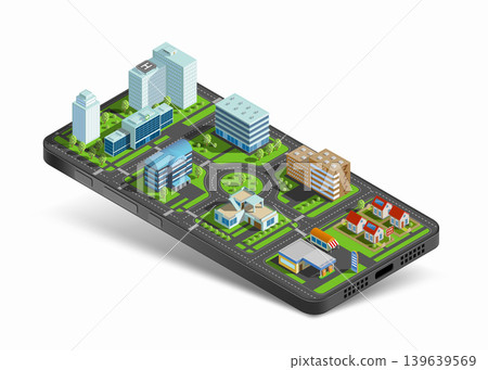 City with buildings and roads on a smartphone screen. City with buildings and roads on a smartphone screen. 139639569