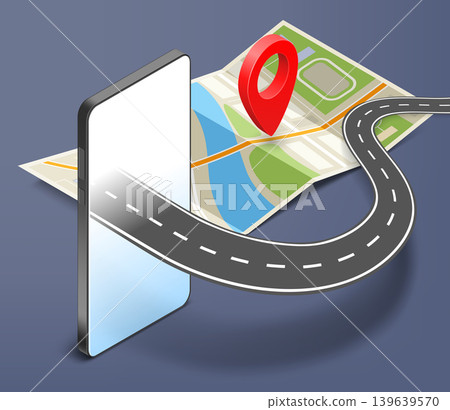 Road on a smartphone screen. Map with pointe Road on a smartphone screen. Map with pointe 139639570