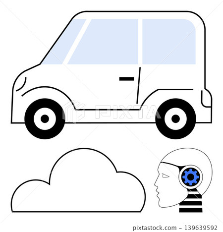 Autonomous driving, AI, cloud computing, smart transportation, innovation, data storage. Minimalist car, cloud and human face with gears. Autonomous driving and AI concept Autonomous driving, AI, cloud computing, smart transportation, innovation, data storage. Minimalist car, cloud and human face with gears. Autonomous driving and AI concept 139639592