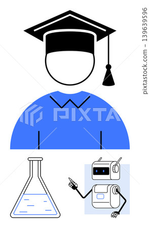 Education, innovation, artificial intelligence, STEM learning, science experiments, future professions. Minimalist graphic with a graduate cap, laboratory flask and robot. Education and STEM Education, innovation, artificial intelligence, STEM learning, science experiments, future professions. Minimalist graphic with a graduate cap, laboratory flask and robot. Education and STEM 139639596