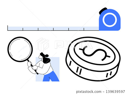 Finance, investment, business analysis, measurement tools, economic growth, research. Woman with magnifying glass, tape measure and dollar coin. Finance and business analysis illustration Finance, investment, business analysis, measurement tools, economic growth, research. Woman with magnifying glass, tape measure and dollar coin. Finance and business analysis illustration 139639597
