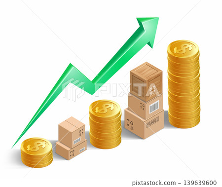 Growing financial chart, stacks cardboard boxes and coins. Growing financial chart, stacks cardboard boxes and coins. 139639600