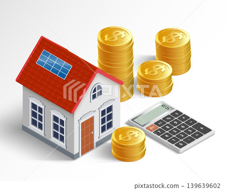 House building model, calculator, and stacks of coins House building model, calculator, and stacks of coins 139639602