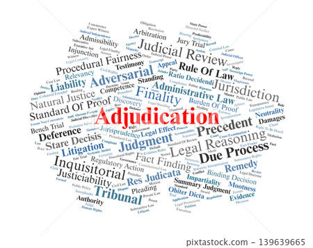 Legal Adjudication Word Cloud. A visual overview of the formal judicial processes, evidentiary standards, and procedural fairness required to reach binding legal decisions and judgments. Legal Adjudication Word Cloud. A visual overview of the formal judicial processes, evidentiary standards, and procedural fairness required to reach binding legal decisions and judgments. 139639665