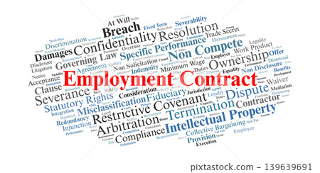 Employment Contract Word Cloud. A visual representation of the legal terms, statutory protections, and restrictive covenants governing the relationship between employers and employees. Employment Contract Word Cloud. A visual representation of the legal terms, statutory protections, and restrictive covenants governing the relationship between employers and employees. 139639691