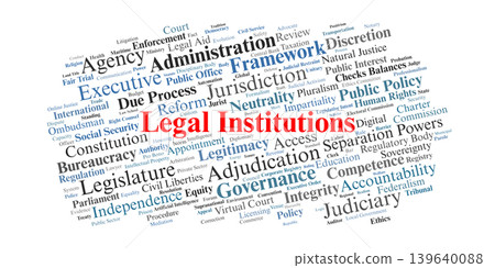 Legal Institutions Word Cloud. A visual overview of the organizations and frameworks that create, enforce, and interpret law, emphasizing independence, accountability, and reform. Legal Institutions Word Cloud. A visual overview of the organizations and frameworks that create, enforce, and interpret law, emphasizing independence, accountability, and reform. 139640088