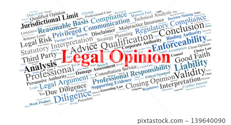 Legal Opinion Word Cloud. A visual synthesis of terms related to formal legal advice, due diligence, professional liability, and the analytical structure of attorney conclusions. Legal Opinion Word Cloud. A visual synthesis of terms related to formal legal advice, due diligence, professional liability, and the analytical structure of attorney conclusions. 139640090