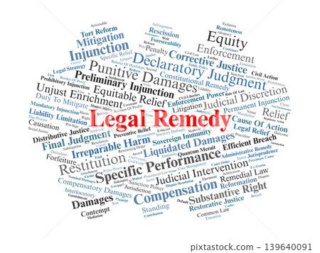 Legal Remedy Word Cloud. A visual overview of court-ordered relief including damages, injunctions, and equitable solutions designed to restore rights and address legal wrongs. Legal Remedy Word Cloud. A visual overview of court-ordered relief including damages, injunctions, and equitable solutions designed to restore rights and address legal wrongs. 139640091