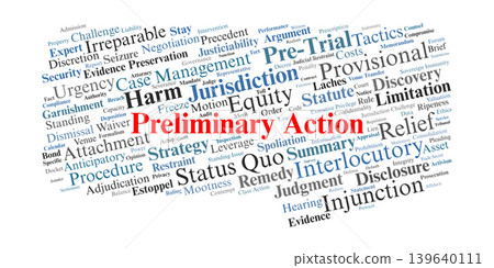 Preliminary Action Word Cloud. A visual representation of interlocutory motions, injunctive relief, and procedural steps taken to preserve rights before a final court judgment. Preliminary Action Word Cloud. A visual representation of interlocutory motions, injunctive relief, and procedural steps taken to preserve rights before a final court judgment. 139640111