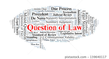 Question of Law Word Cloud. Visual summary of concepts distinguishing legal interpretation from fact-finding, focusing on judicial authority, statutory construction, and de novo review. 139640117