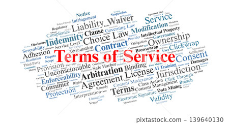Terms of Service Word Cloud. A visual synthesis of the legal doctrines, liability limits, and contractual clauses governing the relationship between digital providers and users. Terms of Service Word Cloud. A visual synthesis of the legal doctrines, liability limits, and contractual clauses governing the relationship between digital providers and users. 139640130