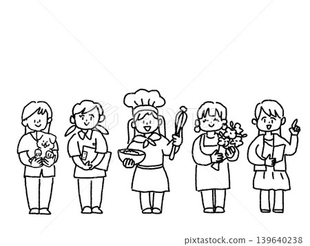 女孩們的夢想、職業、服裝(獸醫、護士、糕點師、花藝師、教師)、線條藝術 女孩們的夢想、職業、服裝(獸醫、護士、糕點師、花藝師、教師)、線條藝術 139640238