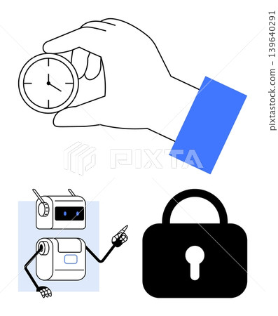 Time management, innovation, data privacy, robotics, safety, technology. A hand holding a clock, a robot pointing and a padlock icon. Time management and data privacy concept 139640291