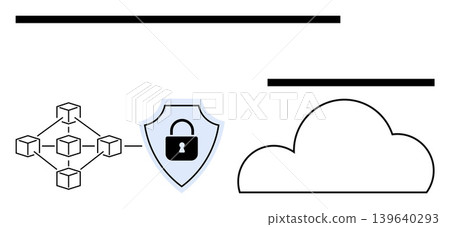 Blockchain applications, data security, cloud storage, network technology, cybersecurity, digital encryption. A blockchain structure, shield with lock and cloud icon. Blockchain and data security Blockchain applications, data security, cloud storage, network technology, cybersecurity, digital encryption. A blockchain structure, shield with lock and cloud icon. Blockchain and data security 139640293