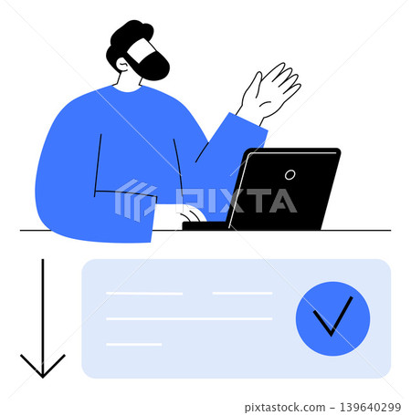 Task management, online verification, workflow, business organization, productivity, technology. Man using laptop, checklist and downward arrow. Task management and online verification 139640299