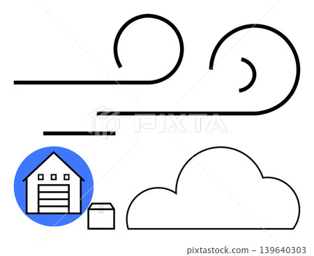 Cloud computing, logistics, warehousing, shipping, environmental flow, and connectivity. Minimalist icons of wind, cloud warehouse and box. Warehousing and logistics concept Cloud computing, logistics, warehousing, shipping, environmental flow, and connectivity. Minimalist icons of wind, cloud warehouse and box. Warehousing and logistics concept 139640303