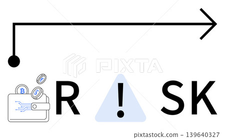 Cryptocurrency, investment risk, financial security, blockchain transactions, monetary management, fintech activities. A wallet with crypto coins, an alert symbol and an arrow. Cryptocurrency Cryptocurrency, investment risk, financial security, blockchain transactions, monetary management, fintech activities. A wallet with crypto coins, an alert symbol and an arrow. Cryptocurrency 139640327