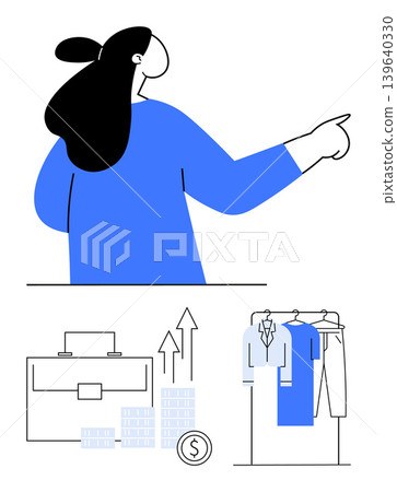 Business strategy, career development, ecommerce, retail management, investment growth, financial planning. Woman pointing, accompanied by graphs a briefcase and clothing. Business strategy 139640330