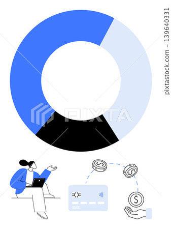 Financial analytics, digital payments, fintech innovation, business trends, economic data, consumer behavior. Pie chart with an individual using a laptop, card and coins. Financial analytics 139640331