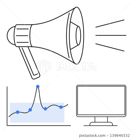 Digital marketing, analytics, social media, advertising, audience targeting, online promotion. Megaphone emitting sound waves, data graph and desktop monitor. Digital marketing analytics concept 139640332