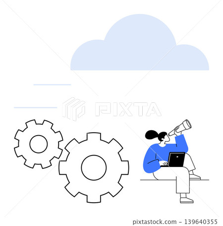 Cloud computing, innovation, teamwork, data processing, problem-solving, future technology. Large cloud with gears and a person holding a telescope and laptop. Cloud computing and innovation Cloud computing, innovation, teamwork, data processing, problem-solving, future technology. Large cloud with gears and a person holding a telescope and laptop. Cloud computing and innovation 139640355