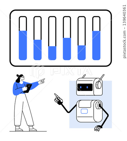 Data analytics, artificial intelligence, robotics, teamwork, technology communication, automation. Woman pointing at robot and bar chart. Data analytics and artificial intelligence Data analytics, artificial intelligence, robotics, teamwork, technology communication, automation. Woman pointing at robot and bar chart. Data analytics and artificial intelligence 139640361