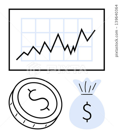 Financial planning, investment growth, market trends, economics, profitability, savings. A rising graph, coin and money bag. Financial planning and investment growth concept Financial planning, investment growth, market trends, economics, profitability, savings. A rising graph, coin and money bag. Financial planning and investment growth concept 139640364