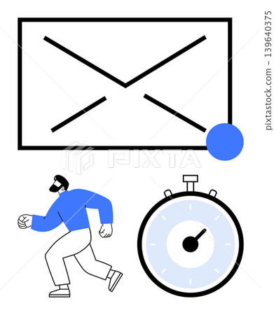 Communication, email marketing, time management, productivity, delivery speed, efficiency. Envelope symbol, person running stopwatch icon. Communication and delivery speed concepts Communication, email marketing, time management, productivity, delivery speed, efficiency. Envelope symbol, person running stopwatch icon. Communication and delivery speed concepts 139640375