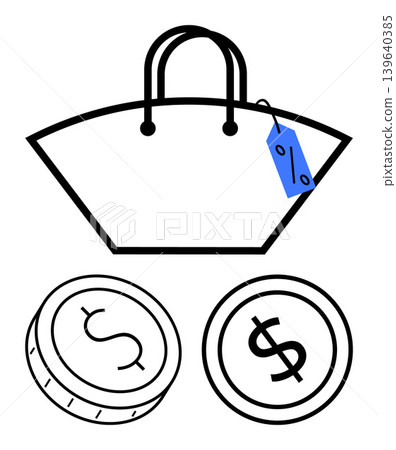 E-commerce, shopping deals, pricing, discounts, retail finance, currency transactions. A shopping bag with a price tag and two dollar coins. E-commerce and shopping deals concept E-commerce, shopping deals, pricing, discounts, retail finance, currency transactions. A shopping bag with a price tag and two dollar coins. E-commerce and shopping deals concept 139640385