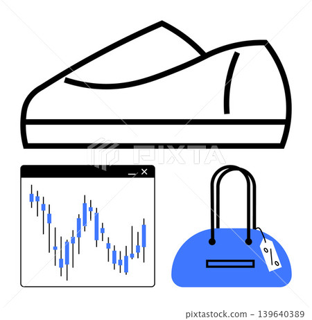 Ecommerce, retail trends, investment analysis, fashion marketing, shopping behavior, consumer insights. Sketch of sneaker, handbag financial chart. Ecommerce and retail trends Ecommerce, retail trends, investment analysis, fashion marketing, shopping behavior, consumer insights. Sketch of sneaker, handbag financial chart. Ecommerce and retail trends 139640389