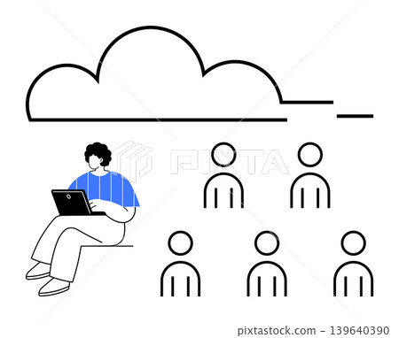 Cloud computing, team collaboration, online networking, digital storage, remote work, technology concepts. Person with laptop linked to a cloud and group icons. Cloud computing and team collaboration Cloud computing, team collaboration, online networking, digital storage, remote work, technology concepts. Person with laptop linked to a cloud and group icons. Cloud computing and team collaboration 139640390