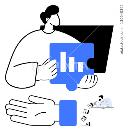 Business analysis, decision-making, financial management, problem-solving, data visualization, strategic planning. Puzzle piece with bar chart and hand arranging risk blocks. Business analysis 139640393
