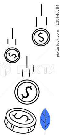 Financial growth, investment opportunities, wealth creation, savings motivation, economic success, sustainability connection. Falling dollar coins with a blue leaf. Financial growth and investment 139640394