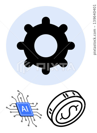 Technology, automation, finance, innovation, digital systems, engineering. A gear, a circuit with AI label and a coin illustration. Technology and finance concept Technology, automation, finance, innovation, digital systems, engineering. A gear, a circuit with AI label and a coin illustration. Technology and finance concept 139640401