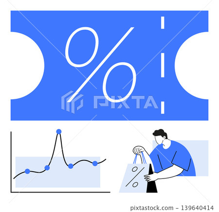 Online shopping, data analytics, discount strategies, retail marketing, sales growth, consumer trends. Large percentage sign, graph with trendline and person holding shopping bags. Retail marketing Online shopping, data analytics, discount strategies, retail marketing, sales growth, consumer trends. Large percentage sign, graph with trendline and person holding shopping bags. Retail marketing 139640414