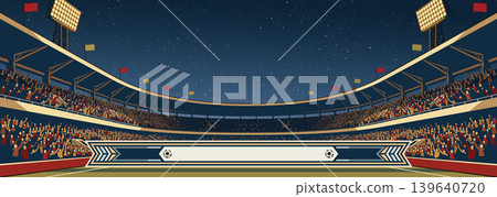 Soccer stadium with full of fans in match day at night wide angle retro style have blank space. Soccer stadium with full of fans in match day at night wide angle retro style have blank space. 139640720