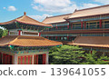 traditional Chinese temple architecture featuring ornate roof patterns, red windows, and colorful decorations against a clear sky with copy space for design. 139641055